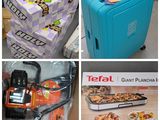 plusieurs photos représentant divers objets, notamment une valise, une boîte à pizza et un coupe-pizza