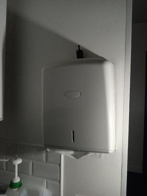 un distributeur de papier essuie-tout blanc fixé au mur au-dessus d'un lavabo
