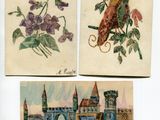 quatre cartes postales représentant des oiseaux et des fleurs sur fond blanc