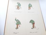 four pictures of a man with a cane and a book