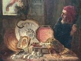 tableau représentant un homme assis à une table devant un tableau représentant un chat