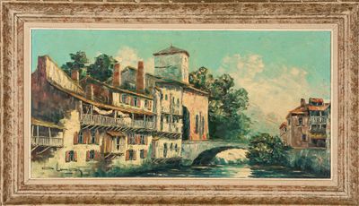 an oil painting of a river scene with buildings and a bridge