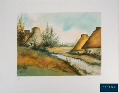 une photo d'un tableau représentant un village aux toits de chaume