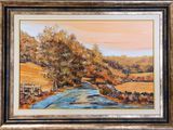 an oil painting of a country road with trees in the background