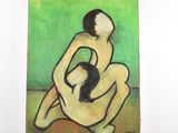 tableau représentant une femme assise à genoux, un chat sur les genoux