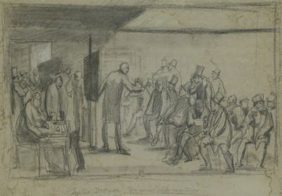 dessin représentant un groupe de personnes dans une pièce, avec un homme debout devant elles