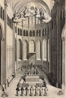 a drawing of a large room with people in it