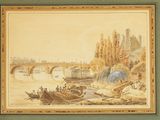 tableau représentant une scène fluviale avec des bateaux et un pont en arrière-plan