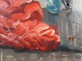 a painting of a red dress and a blue vase on a table