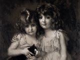 painting of two young girls holding a black and white cat