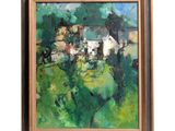an oil painting of a farm scene with a white house in the background