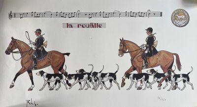 un dessin représentant un homme à cheval, accompagné d'une meute de chiens