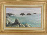 an oil painting of a rocky coast with rocks in the foreground