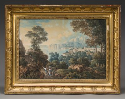 a painting of a landscape with a river and a castle in the distance