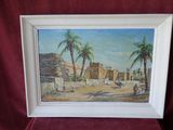 an oil painting of a desert scene with palm trees and buildings