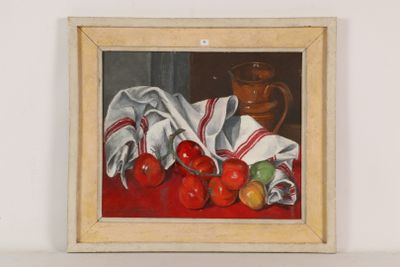 a painting of tomatoes and apples on a table