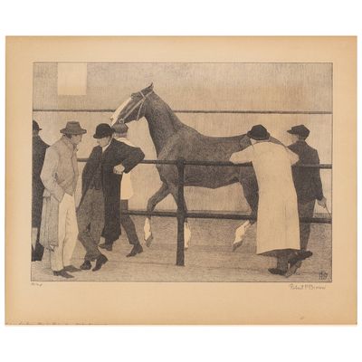 dessin représentant un cheval mené par un homme dans une écurie