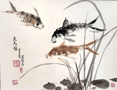 un tableau représentant deux poissons nageant dans un étang
