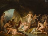 tableau représentant un groupe de nus dans une grotte au bord d'une rivière
