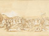 une image représentant un dessin d'un grand groupe de personnes dans un champ
