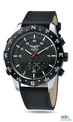 men ' s watch with black dial and black leather strap