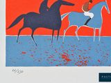 a picture of a man riding a horse on the beach