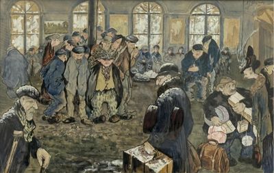 Scène de gare animée.1920. Aquarelle signée Alexander.