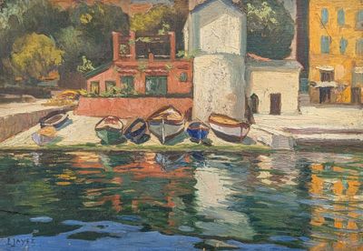painting of boats in a harbor with buildings and trees in the background
