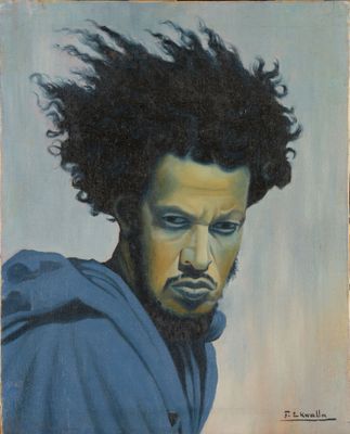 tableau représentant un homme aux cheveux bouclés portant un sweat à capuche bleu