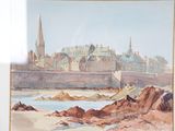 a picture of a painting of a city by the water