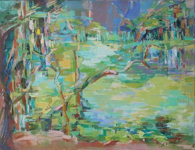 an oil painting of a river and trees in a wooded area