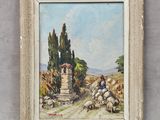 une peinture à l'huile représentant un homme à cheval et un mouton