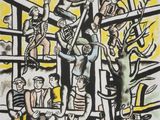 an image of a painting of a group of people standing around a building