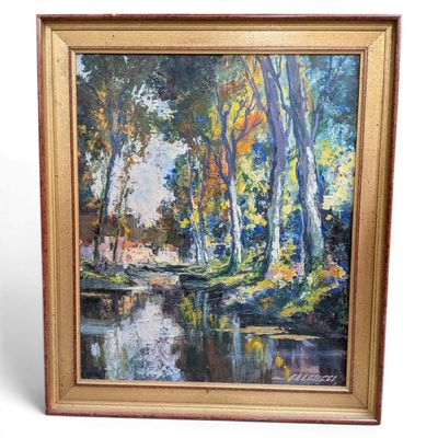 une peinture à l'huile représentant une rivière, avec des arbres et une maison en arrière-plan