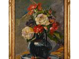 une peinture à l'huile représentant un vase de fleurs sur une table